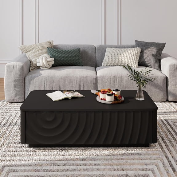 YWEN Wooden Coffee Table, 47.2" Rectangle Mid Century Modern Water Ripple Texture Center Table with 2 Drawers, Cocktail Tea Table with Safe Curved Corners for Living Room Home Office