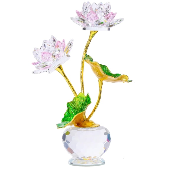 YWHL Pink Crystal Lotus Flower Figurine with Vase, Handmade Lotus Gifts Bouquet for Women on Birthday Christmas Mother's Day, Glass Lotus Flower Home Party Office Decor Y102