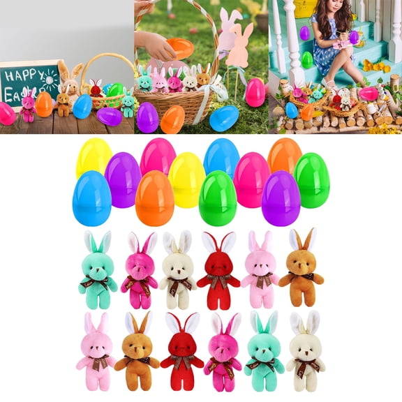 YWIYIUD 12 Pack Prefilled Easter Eggs with Stuffers Plush Rabbit Toys for Easter EggHunting,Soft PlushRabbit EasterBasket Cute Easter BowtieRabbit Party Decorations Doll Toy