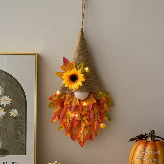 YWIYIUD 15inch Fall WreathsGnome Door Hanging Garland with Maple Leaves LED String Lights, Artificial Maple Leaves Autumn Thanksgiving Decoration Home Indoor Outdoor, Hanging Maple Leaf Wreath