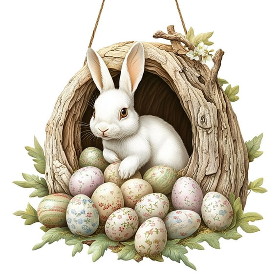 YWIYIUD 1PC Easter Decorations Door Sign, Wooden Cute Rabbit Floral Welcome Easter Door Hanger Wreath Hanging Ornament, Easter Hanging Door Sign Decoration for Wall Rustic Decor 12inch