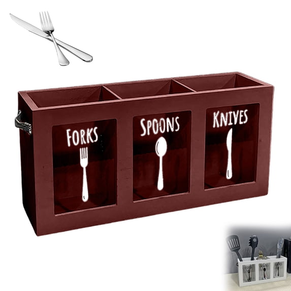 YWIYIUD 1PC Kitchen Utensils Holder for Counter, Wooden Utensil Organizer for Storage Cooking and Silverware, Utensil Containers for Kitchen Counter Spoons Forks Tools Storage 12x5.5x3.4Inch