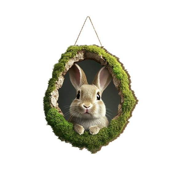 YWIYIUD 1PCS Spring Easter Rabbit TreeHole Sign for Front Door Decor,Happy Easter Wooden Hanging Welcome Sign Cute RabbitDesign Holiday Farmhouse Door Decorations Wall Sign Spring Easter Decorations