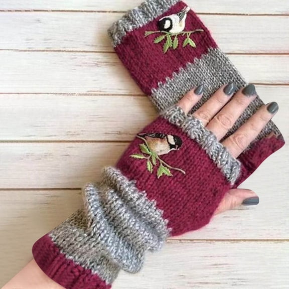 YWIYIUD 1Pair Embroidered Fingerless Gloves for Women Vintage Spliced Knit Winter Gloves Hand Warm Knitted Fashion Wool Fingerless Mittens, Design Winter Warm And Fashionable Gloves