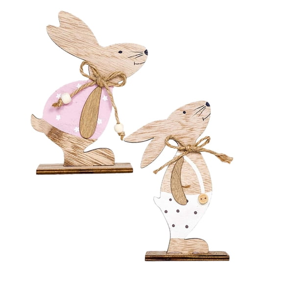 YWIYIUD 2PCS Cute WoodBunny Easter Decorations Wood Desktop Craft Ornaments Farmhouse Spring BunnySign Decor for Table Centerpiece Tiered Tray Mantel Tabletop HomeOffice Indoor Decorations for Party