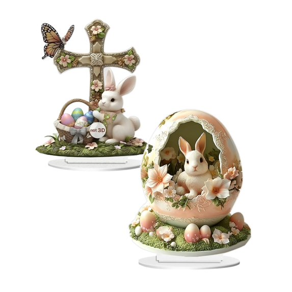 YWIYIUD 2PCS Easter BunnyEggs Decorations Spring Easter Centerpieces Tiered Tray Decor 2D Acrylic BunnyEgg FlowerFigurines Table Ornament for Farmhouse Home Kitchen Easter Party,Birthday Gifts