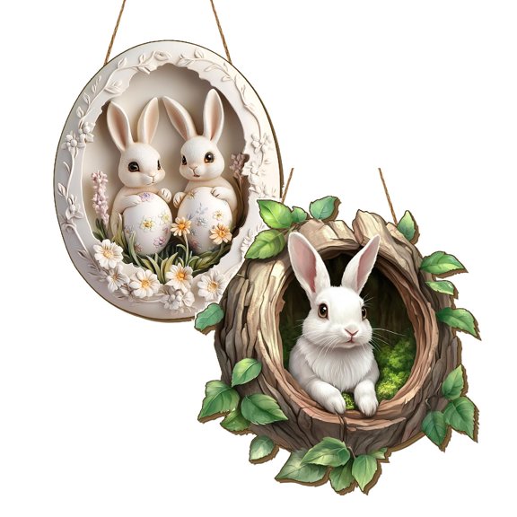 YWIYIUD 2PCS Easter Decorations Cute BunnyEgg Flowers Wooden Door Sign Circular Colourful Spring Easter Welcome Door Signs Home Indoor Outdoor Spring Party Easter Decor