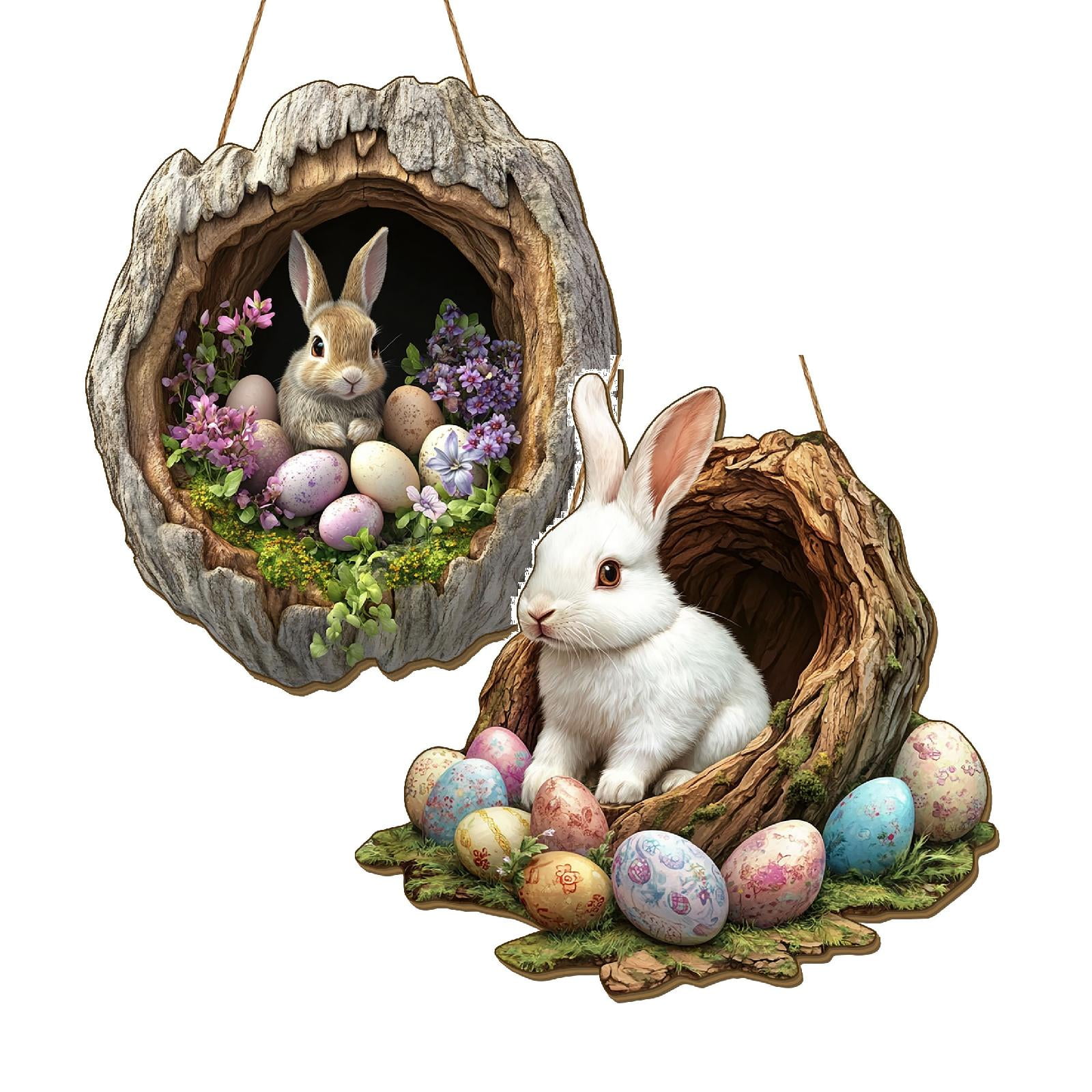 YWIYIUD 2PCS Easter Decorations Cute BunnyEgg Flowers Wooden Door Sign ...