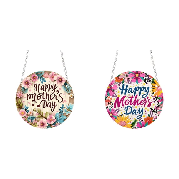 YWIYIUD 2PCS Happy Mother's Day Welcome Sign Wreath 8 Inch Round Wooden Hanging Door Sign Colorful Floral Rustic Farmhouse Porch Decorations with Chain for Mother's Day Front Door Decor