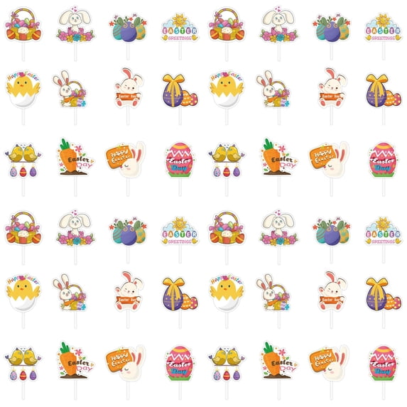 YWIYIUD 48PCS Easter Cupcake Toppers Egg Rabbit Chicks Carrot Pattern Cupcake Toppers for Easter Birthday Spring Theme Party Supplies Cake Decoration Easter Party Cake Flag Supplies 2inch