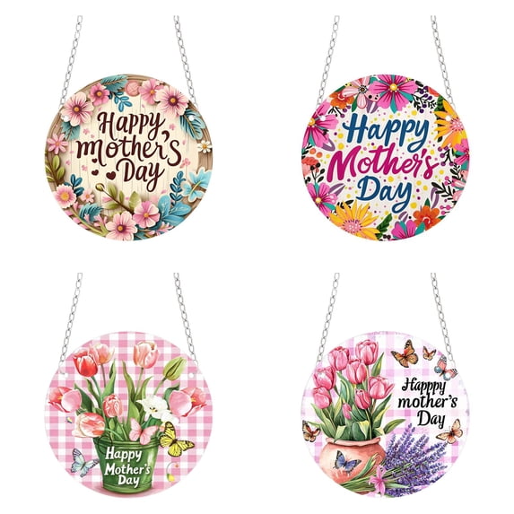 YWIYIUD 4PCS Happy Mother's Day Welcome Sign Wreath 8 Inch Round Wooden Hanging Door Sign Colorful Floral Rustic Farmhouse Porch Decorations with Chain for Mother's Day Front Door Decor