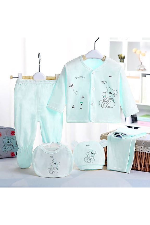 5PCS Toddler Boys Girls Baby Cotton Clothes Bib Tops Hat Pants Suit Outfit Sets Baby Boy Clothes Outfits for Baby Boys Girls Gift Set InfantBaby Girl Clothes Blue 0-3 Months