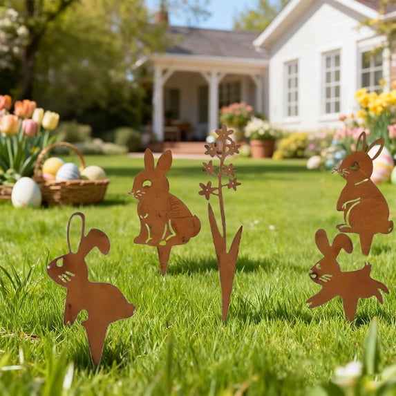 YWIYIUD 5Pcs Funny EasterBunny Silhouette Garden Stake Metal Rabbit Stake Garden Easter Decorations Welcome Signs Rabbits Happy Easter Spring Decor for Outdoor Festival Home Party Supplies