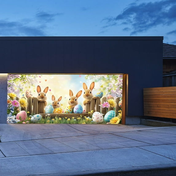 YWIYIUD 6.9X15.7FT Happy Easter Garage Door Decorations Colorful Funny Rabbit Egg Easter DoorCover GarageDoor Banner for Outdoor Indoor Spring BunnyEgg Party Decorations Supplies