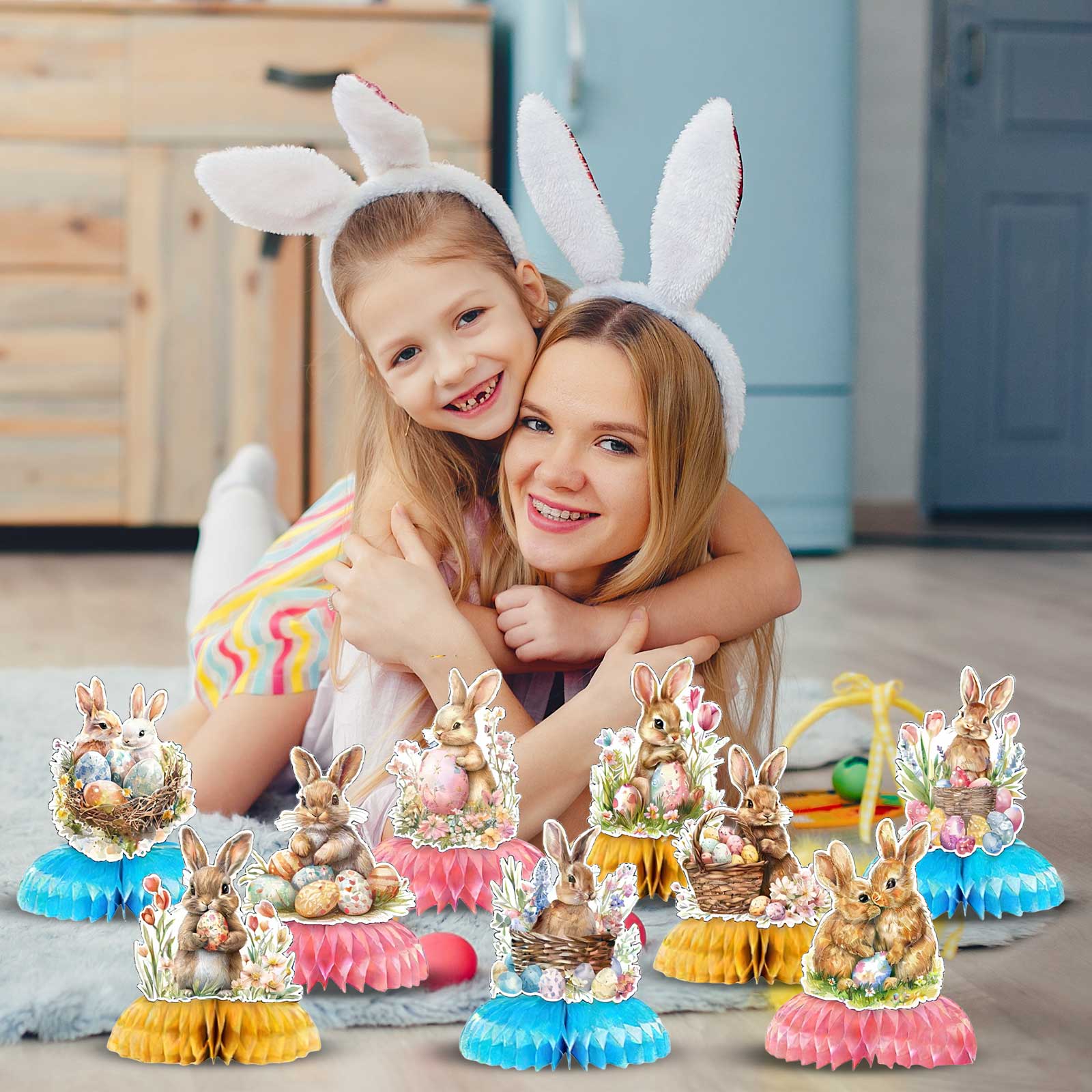 YWIYIUD 9Pcs Happy Easter Honeycomb Decorations Cute Rabbit Table ...