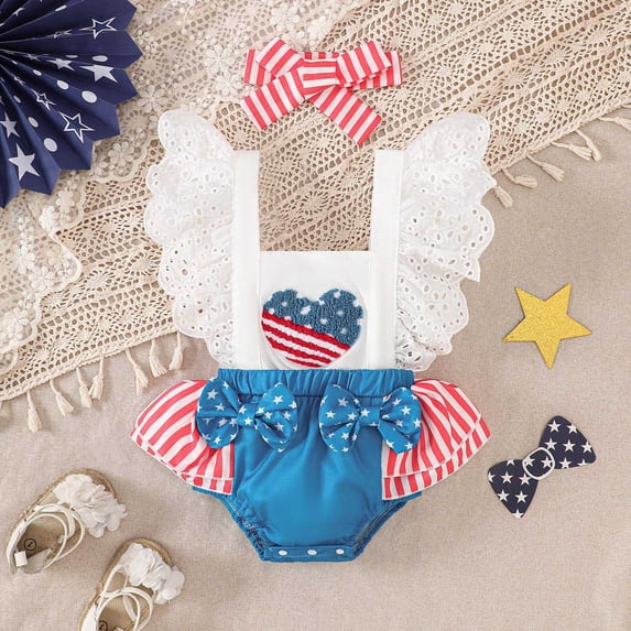 YWIYIUD Baby Girl 4th of July Outfit Baby Boy Flying Sleeve Fourth of July Romper Sets with Headband Independence Day Bow Romper Outfit InfantBaby Girl Clothes Blue 3-6 Months