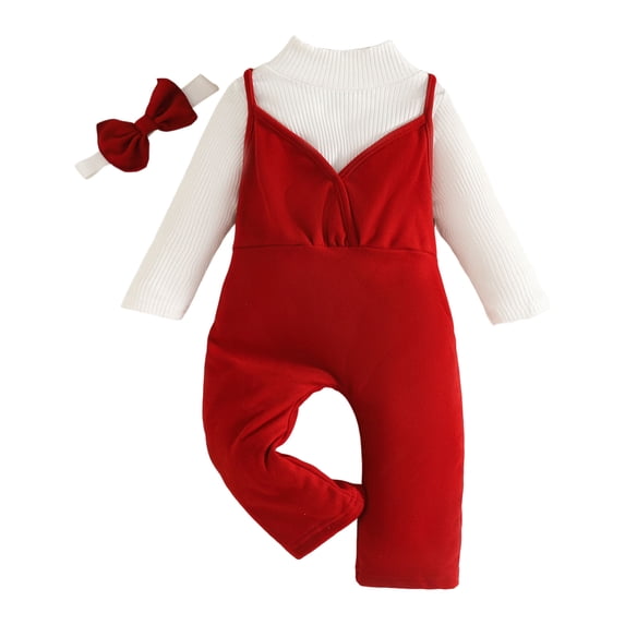 YWIYIUD Baby Girl Clothes Sets Fall Winter Solid Long Sleeve Ruffle Jumpsuit Spaghetti Strap Overall + Headband Toddler Fall Baby Suspender Overalls Outfits InfantGirl Winter Clothing 12-18 Months