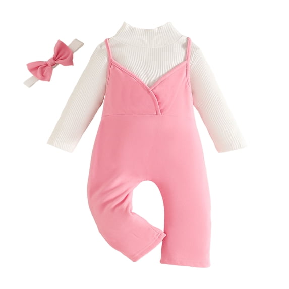 YWIYIUD Baby Girl Clothes Sets Fall Winter Solid Long Sleeve Ruffle Jumpsuit Spaghetti Strap Overall + Headband Toddler Fall Baby Suspender Overalls Outfits InfantGirl Winter Clothing 2-3 Years