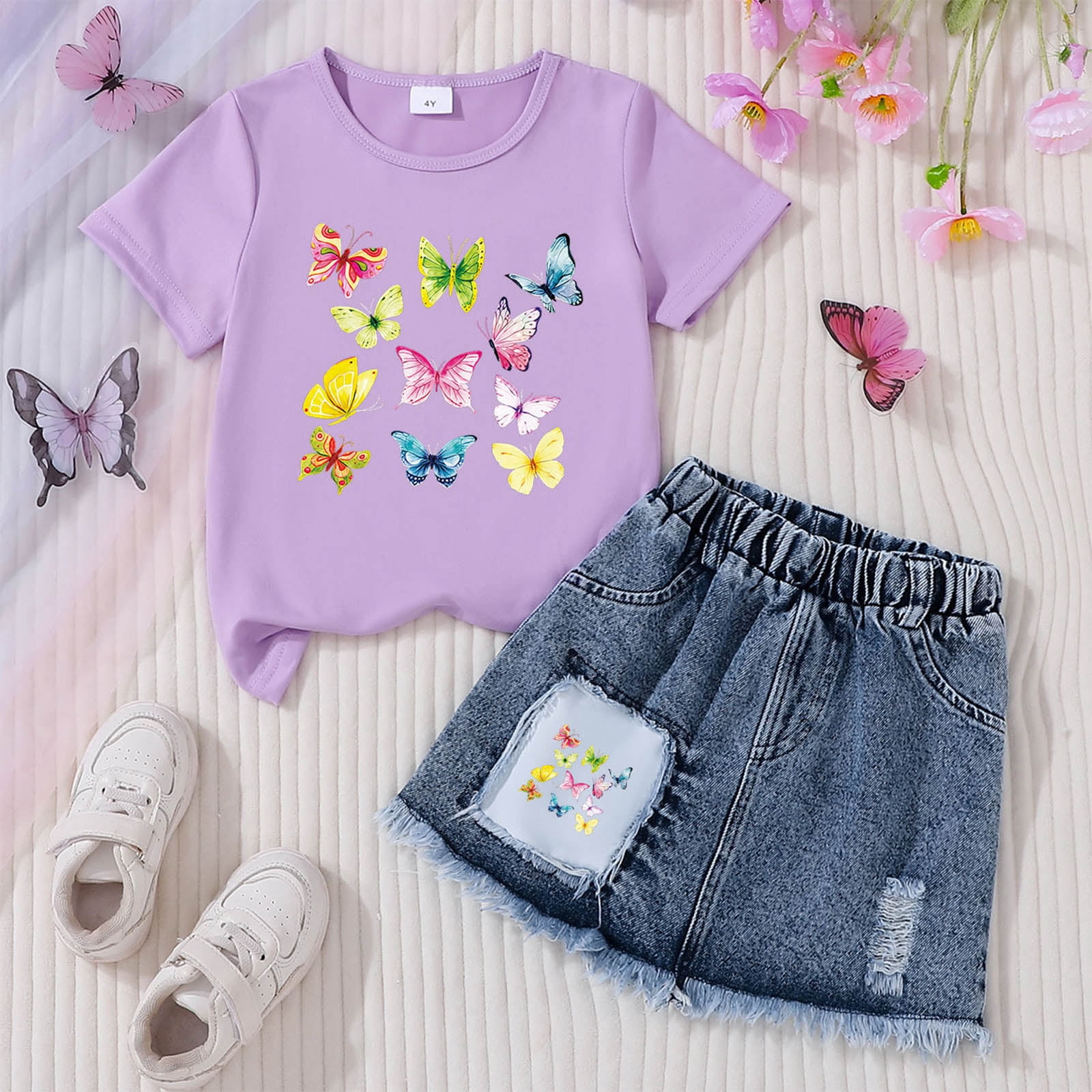 YWIYIUD Baby Girl Clothes Toddler Girls Summer Girls Suit Children's Denim Shorts Dress + T Shirt Short Sleeved Two Piece Suit Summer Clothing Set Kids Casual Outfits 6-7 Years