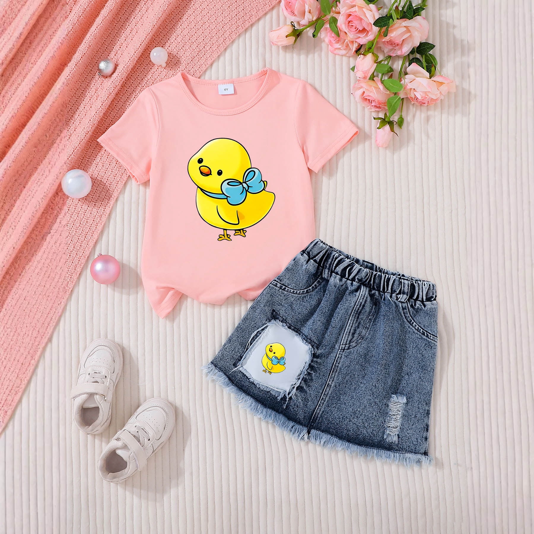 YWIYIUD Baby Girl Clothes Toddler Girls Summer Girls Suit Children's Denim Shorts Dress + T Shirt Short Sleeved Two Piece Suit Summer Clothing Set Kids Casual Outfits 4-5 Years