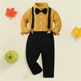 thumbnail image 1 of YWIYIUD Boys Suits 2 Pieces Toddler Boy Formal Gentleman Suits Short Shirt with Bowtie Suspender Pants Boy Gentleman Wedding Outfits Toddler Clothes Summer Short Sets Home Wear Yellow 6-9 Months, 1 of 9