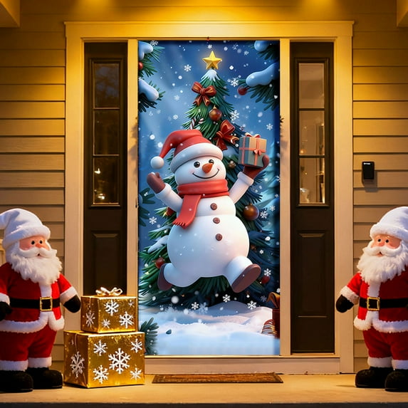 YWIYIUD Christmas Door Cover Christmas Tree Door Decorations, Xmas Tree and Wreaths Door Decorations for Front Door, Merry Christmas Porch Banner for Wall Home Outdoor Indoor Party Home Decor