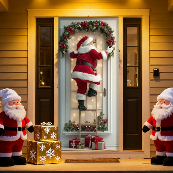 YWIYIUD Christmas Snowman Santa Door Cover Decorations Christmas Front Door Banner Xmas Party Photography Background Holiday Door 35 X 79 Inches Winter Xmas NewYear Banner Photo Background Door Decor