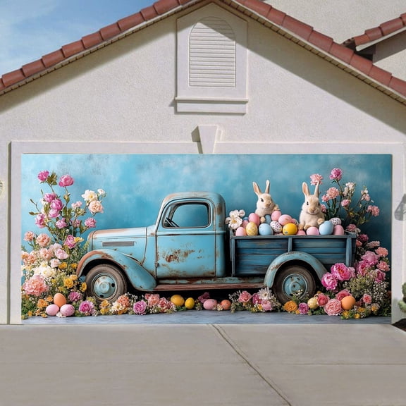YWIYIUD Colorful Happy Easter Garage Door Banner Decorations Funny Rabbit Easter Egg Flower Banner Door Cover Outdoor Indoor Spring CuteRabbit Party Photography Props