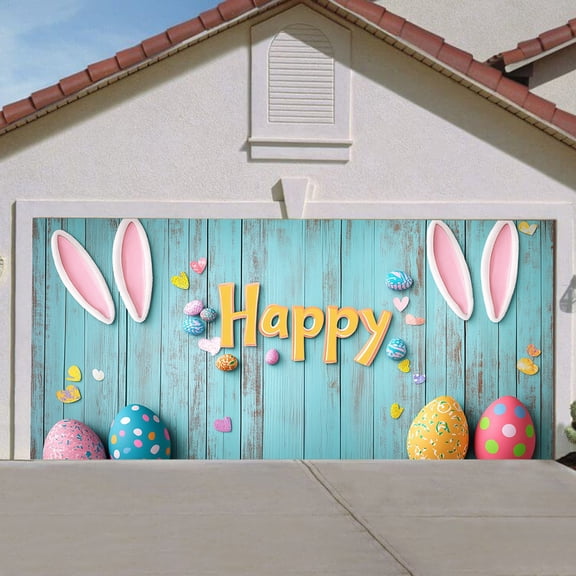 YWIYIUD Colorful Happy Easter Garage Door Banner Decorations Funny Rabbit Easter Egg Flower Banner Door Cover Outdoor Indoor Spring CuteBunny Party Photography Props