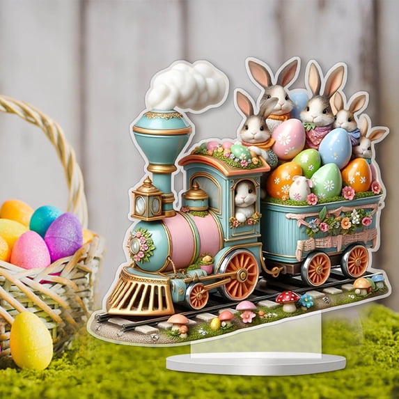 YWIYIUD Easter RabbitEggs Decorations Spring Easter Centerpieces Cartoon Cute 2D Acrylic BunnyEgg TrainFlower Figurines Table Ornament for Farmhouse Home Kitchen Easter Party,Birthday Gifts