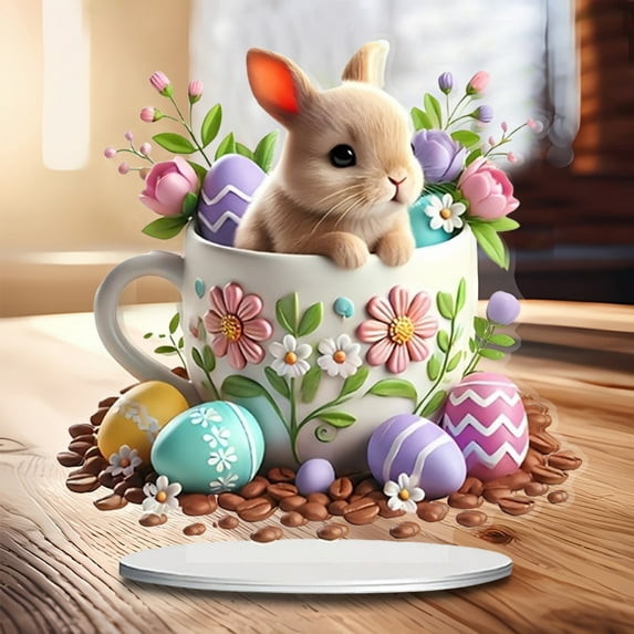 YWIYIUD Easter Decoration 2D Acrylic BunnyEgg Cup Plaque Ornament Spring Easter Centerpieces CartoonFunnyEaster Eggs Rabbit Flower Desktop Decor for Living Room Holiday Party Decor Gifts