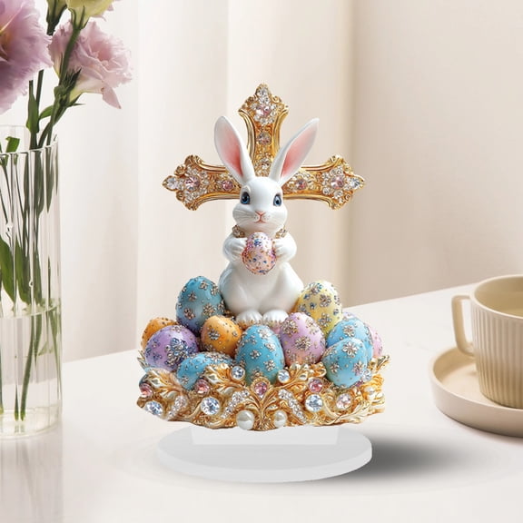 YWIYIUD Easter Decoration 2D Acrylic BunnyEgg Plaque Ornament Spring Easter Centerpieces Cartoon Cute Easter Eggs Rabbit Desktop Decor for Living Room Holiday Party Supplie