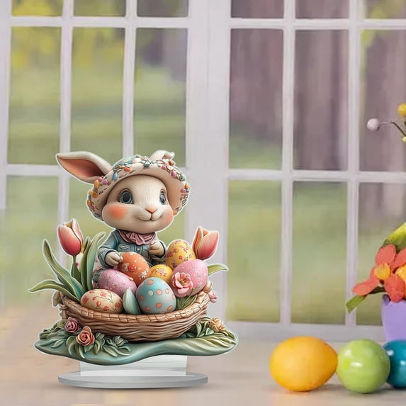 YWIYIUD Easter Decoration Spring Easter Centerpieces Tiered Tray Decor BunnyOrnament 2D Acrylic Desktop Ornament Cartoon Cute Easter Rabbit Egg Flower Decoration for Living Room Holiday Party Supplie