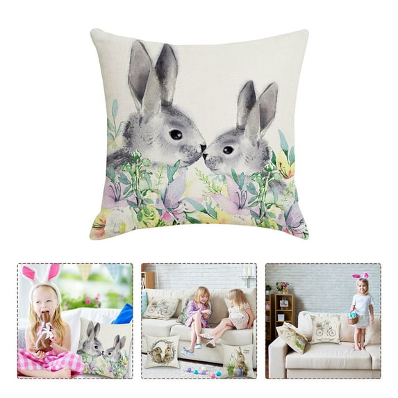 YWIYIUD Easter EggBunny Throw Pillow Cover 18x18 Inch Set of 1 Cute BunnyFlowers Throw Pillow Cover Easter Decorative Pillowcase Linen Cushion Case for Sofa Couch Bed Car Bedroom Spring Easter Decor