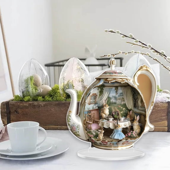 YWIYIUD Easter TeapotScene 2D Acrylic Tabletop Decoration Funny BunnyTeapot Home Party Holiday Decor Spring Easter Centerpieces Ornament for Home Decor Easter Party Supplies