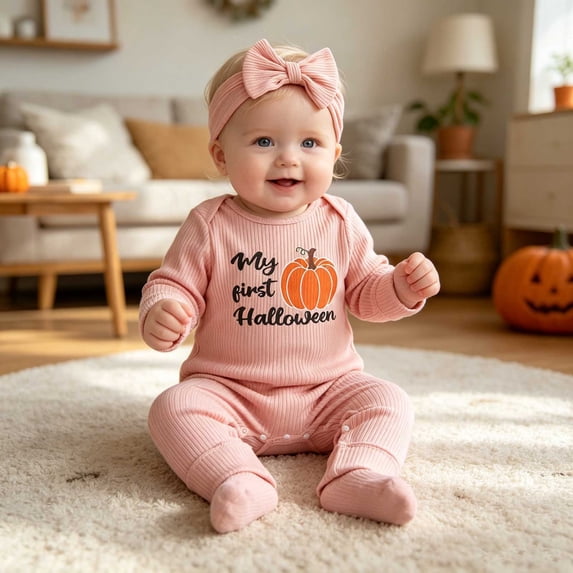 YWIYIUD My First Halloween Baby Girl Outfit Toddler Pumpkin Printed Long Sleeve Knitted Romper Jumpsuit with Bow Headband Outfits Fall Winter Outfit Baby Boy Girl Halloween Clothes 0-3 Months