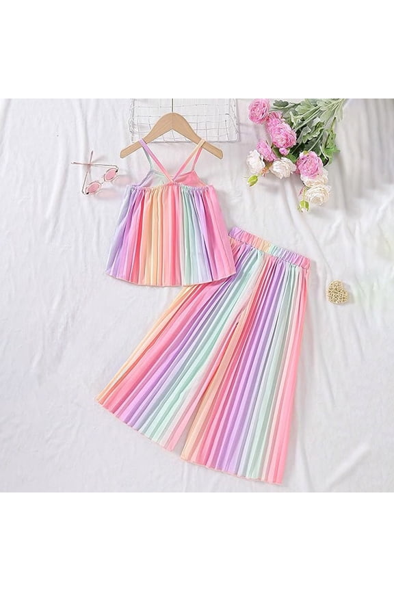 Girl's Cute Summer Boho Outfits Rainbow Outfit Ruffle Spaghetti Strap Crop Top and Wide Leg Pants Sets Toddler Summer Cute Two Piece Outfits InfantBaby Girl Clothes Multicolour 5-6 Years