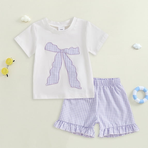 YWIYIUD Girls 2 Piece Outfits Toddler Baby Girl Summer Outfit Bow Embroidery Short Sleeve T-Shirt Plaid Ruffle Shorts Set InfantSummer Clothes Outfits Girl Summer Clothing Purple 2-3Y
