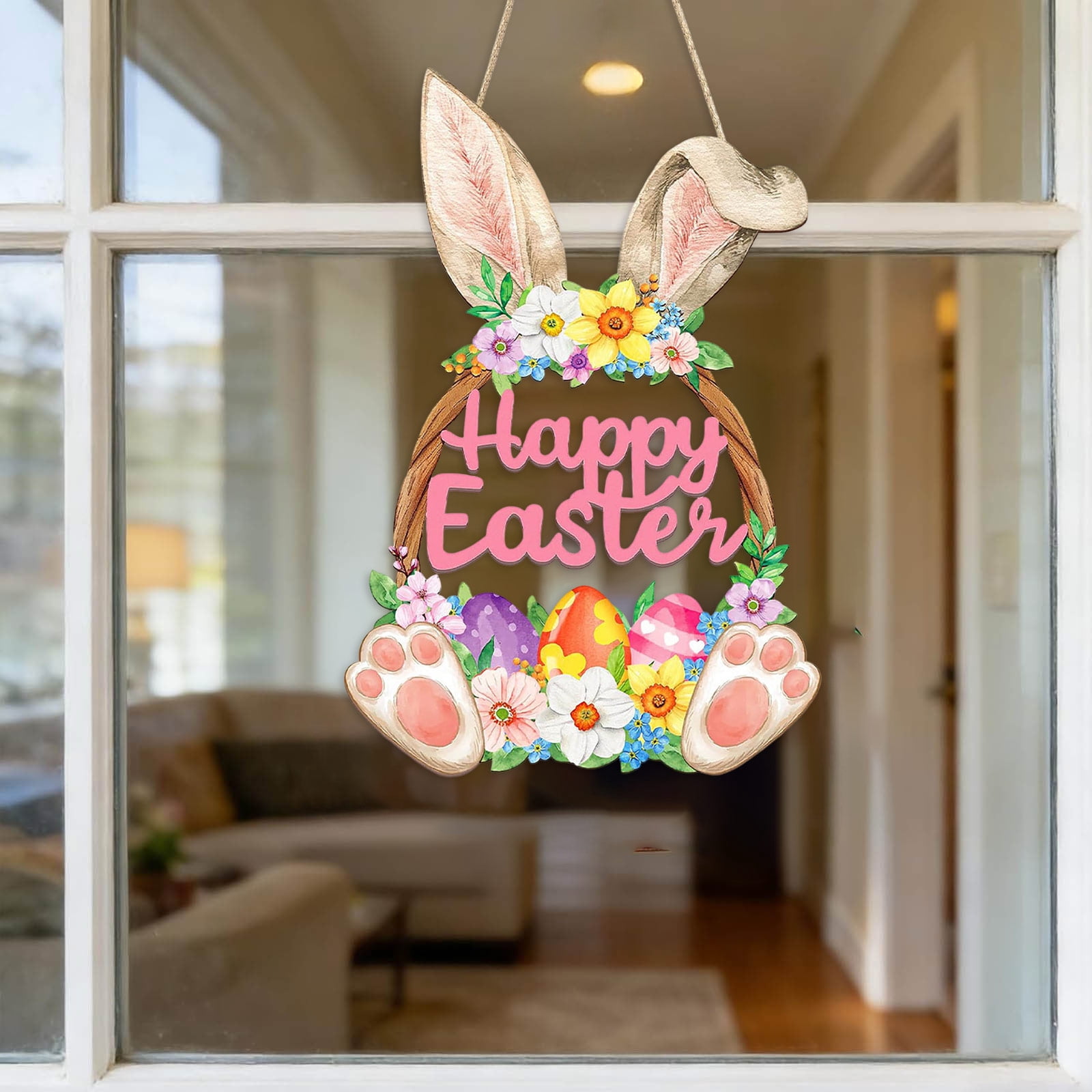 YWIYIUD Happy Easter Wooden Hanging Welcome Sign Cute BunnyEgg Flowers ...
