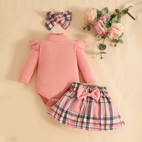YWIYIUD InfantBaby Girl Clothes Sets 3PCS Fall Winter Ruffle Sleeve Ribbed Romper Plaid Mini Skirt Headband Set for Toddler Girls Bow Skirt with Headband Outfits InfantBaby Girl Clothing 3-6 Months
