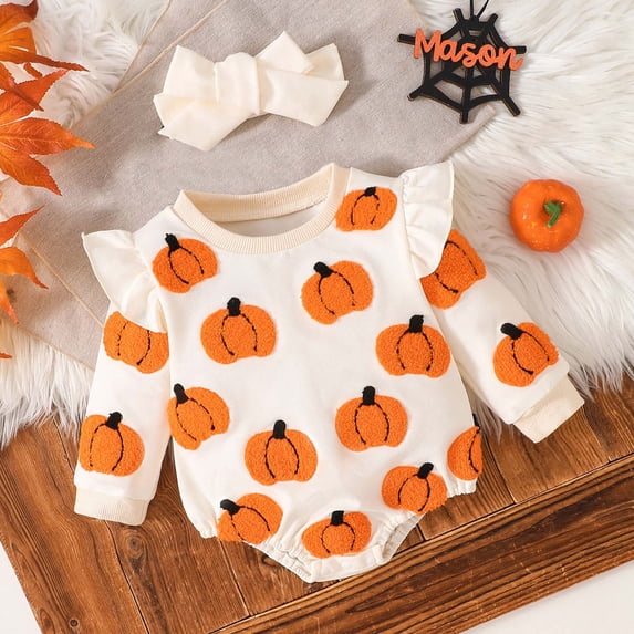 YWIYIUD InfantBaby Girl Clothes Soft Ruffle Long Sleeve Pumpkin Sweatshirt Bubble Romper Fall Halloween Outfit Set Crew Neck Jumpsuit with Bow Headband Toddler Girl Fall Clothing 3-6 Months