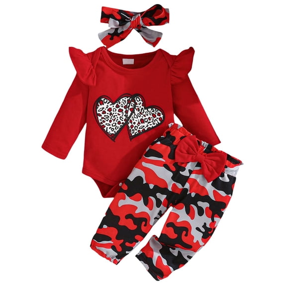 YWIYIUD NewbornBaby Girl Clothes Outfits 3 Piece Fall Winter Heart Pirnt Ruffle Long Sleeve Ribbed Bodysuit Romper and Pants Set with Bow HeadbandInfant Outfit Set Baby Clothes for Girls 3-6 Months
