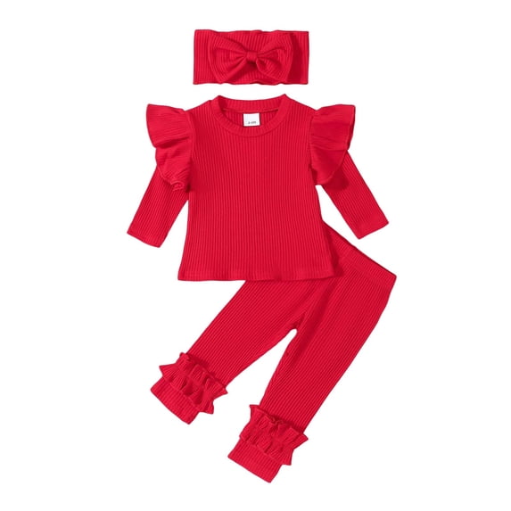 YWIYIUD NewbornBaby Girls Clothes Outfit 3 Piece Solid Color Ruffle Long Sleeve Ribbon Knit Romper Pants Sets with Bow Headband InfantFall Winter Outfits Toddler Baby Girl Clothing Set 0-6 Months