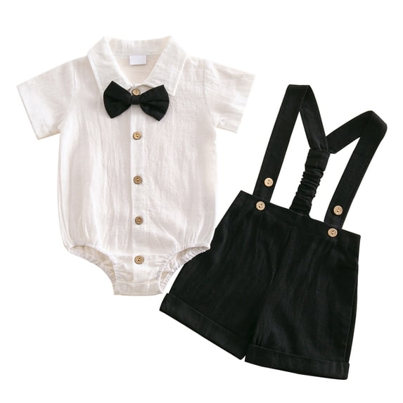 YWIYIUD Toddler Baby Boy Clothes Suit Solid Color Formal Dress Shirt Button Down Short Sleeve Romper with Bowtie+Suspender Shorts Set Kids Boy Gentleman Suit Holiday Wedding Outfits 3-6 Months