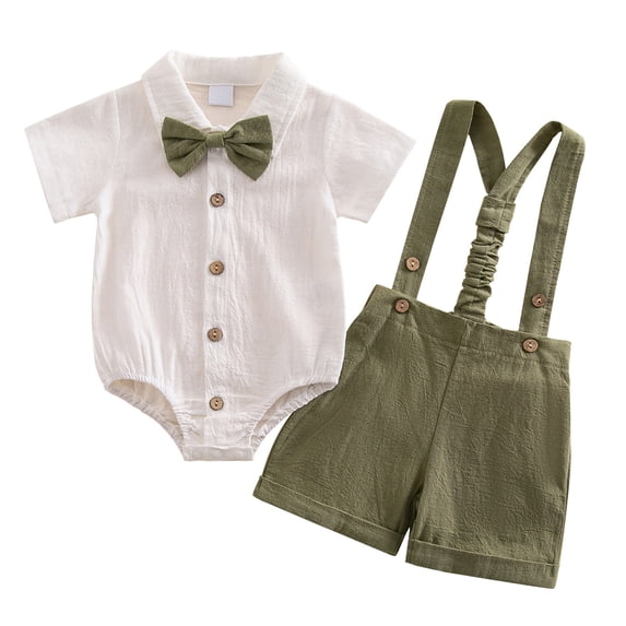 YWIYIUD Toddler Baby Boy Clothes Suit Solid Color Formal Dress Shirt Button Down Short Sleeve Romper with Bowtie+Suspender Shorts Set Kids Boy Gentleman Suit Holiday Wedding Outfits 0-3 Months