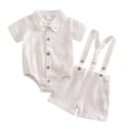 thumbnail image 1 of YWIYIUD Toddler Baby Boy Clothes Suit Solid Color Formal Dress Shirt Button Down Short Sleeve Romper with Bowtie+Suspender Shorts Set Kids Boy Gentleman Suit Holiday Wedding Outfits 9-12 Months, 1 of 5
