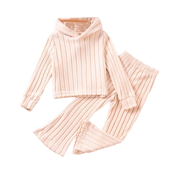 YWIYIUD Toddler Baby Girl Clothes Sets Long Sleeve Ribbed Knit Hooded Sweatshirt Flared Pants Set Casual Two Piece Hoodies Bell Bottom Outfits Fall Winter Clothes Set for Girls 1-2 Years