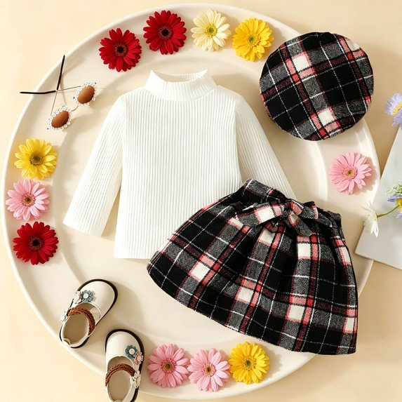 YWIYIUD Toddler Baby Girl Outfits Three Piece Long Sleeve Ribbed Tops Bow Mini Skirts Set with Hats for Baby InfantKnit Plaid Dress Sets Warm Outfit for Girls Fall Winter Clothes 12-18 Months