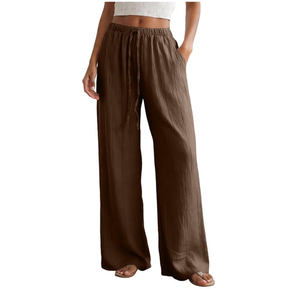 YWIYIUD Women Casual Cotton Linen Pants with Pockets High Waisted Wide Leg Beach Trousers Drawstring Elastic Waist Solid Colors Fashion Women Trouser Comfortable Breathable Pants Coffee L