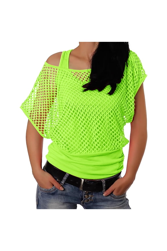 Women Casual off Shoulder Shirts Mesh Short Sleeve 80s 90s Tops for Women Solid Color Breathable Summer Blouses for Women Comfortable Casual Tunic Loose Clothes Green M